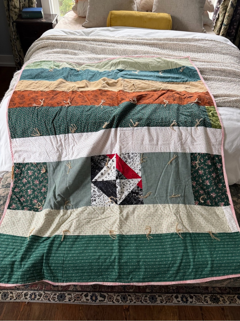 Hand-Tied Patchwork Quilt in Green, Orange, Cream & Pink Trim